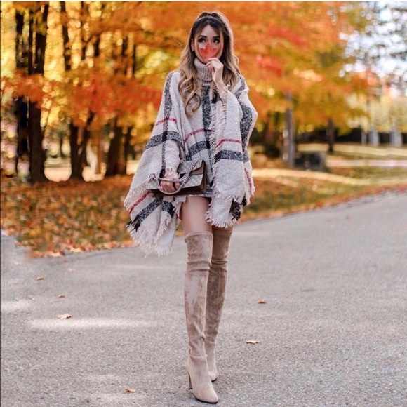 LAST 1 Mocha Plaid Stripe Turtleneck Poncho - Picture 4 of 8